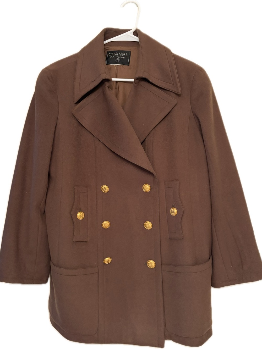 CHANEL Brown Wool Double-Breasted Pea Coat with Gold Buttons